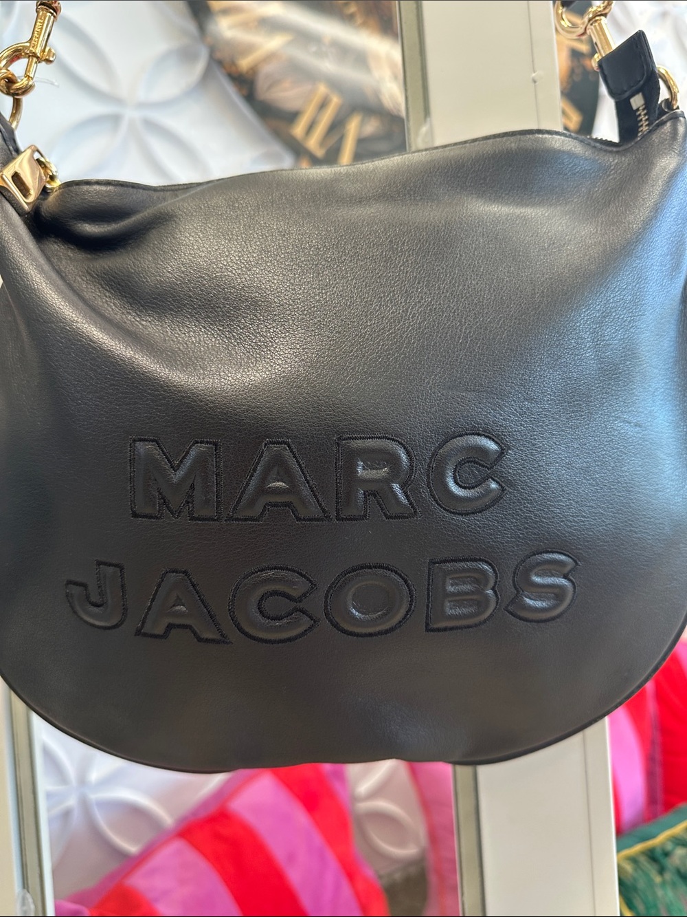 Marc Jacobs Black Embossed Leather Shoulder Bag with Gold Hardware